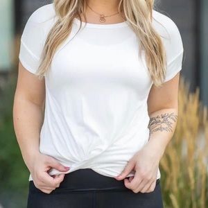 L Love Off White Criss Cross Hem Short Sleeve Top